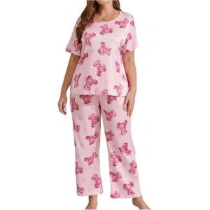 imageFloerns Womens Plus Size Pajamas Graphic Print Short Sleeve Tee with Pants Pj SetPink Bear
