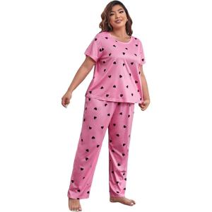 imageFloerns Womens Plus Size Pajamas Graphic Print Short Sleeve Tee with Pants Pj SetPink Heart