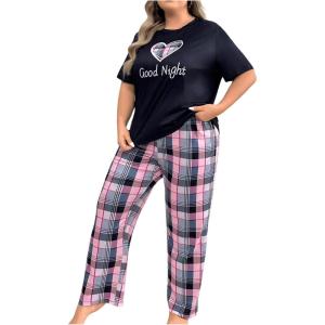 imageFloerns Womens Plus Size Pajamas Graphic Print Short Sleeve Tee with Pants Pj SetPink Plaid