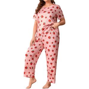 imageFloerns Womens Plus Size Pajamas Graphic Print Short Sleeve Tee with Pants Pj SetPink Strawberry