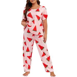 imageFloerns Womens Plus Size Pajamas Graphic Print Short Sleeve Tee with Pants Pj SetPink Watermelon