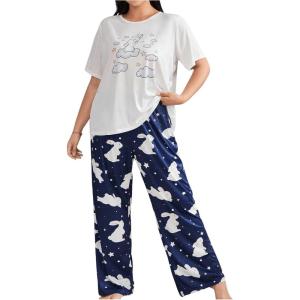 imageFloerns Womens Plus Size Pajamas Graphic Print Short Sleeve Tee with Pants Pj SetRabbit Ver