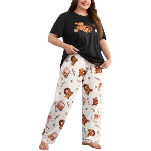 imageFloerns Womens Plus Size Pajamas Graphic Print Short Sleeve Tee with Pants Pj SetWhite Black Bear