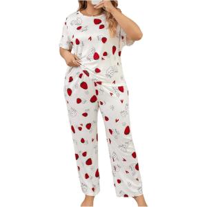 imageFloerns Womens Plus Size Pajamas Graphic Print Short Sleeve Tee with Pants Pj SetWhite Strawberry