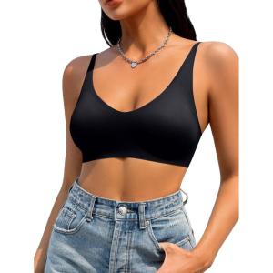 imageFloerns Womens Seamless Deep V Bras Invisibles No Show Wireless Comfortable BraBlack