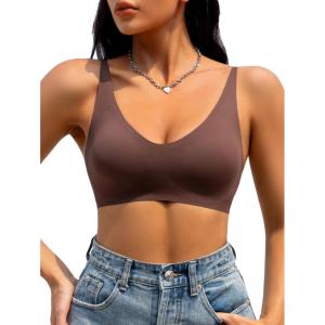 imageFloerns Womens Seamless Deep V Bras Invisibles No Show Wireless Comfortable BraDark Brown