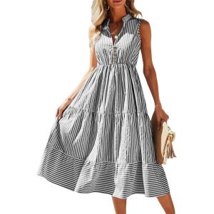 imageFloerns Womens Striped Print Notched Neck Sleeveless Ruffle A Line Midi DressBlack