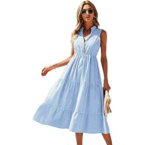 imageFloerns Womens Striped Print Notched Neck Sleeveless Ruffle A Line Midi DressBlue