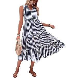 imageFloerns Womens Striped Print Notched Neck Sleeveless Ruffle A Line Midi DressBlue White Multi