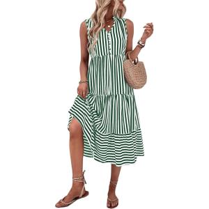 imageFloerns Womens Striped Print Notched Neck Sleeveless Ruffle A Line Midi DressDark Green