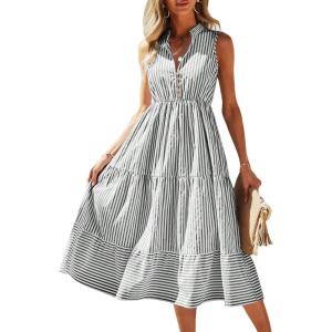 imageFloerns Womens Striped Print Notched Neck Sleeveless Ruffle A Line Midi DressGrey and White