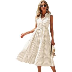 imageFloerns Womens Striped Print Notched Neck Sleeveless Ruffle A Line Midi DressKhaki
