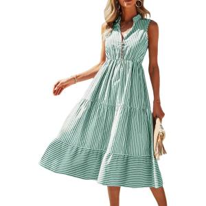 imageFloerns Womens Striped Print Notched Neck Sleeveless Ruffle A Line Midi DressMint Green