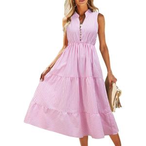 imageFloerns Womens Striped Print Notched Neck Sleeveless Ruffle A Line Midi DressPink and White