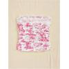 imageFloerns Womens Allover Print Lace Trim Bowknot Strapless Bandeau Ruched Crop Tube TopHot Pink