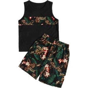 imageFloerns Boys Boho Sleeveless Tank Top Tropical Print Shorts Set 2 Piece OutfitBlack and Green