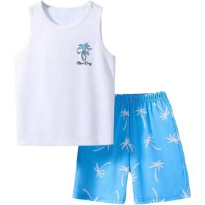 imageFloerns Boys Boho Sleeveless Tank Top Tropical Print Shorts Set 2 Piece OutfitBlue and White
