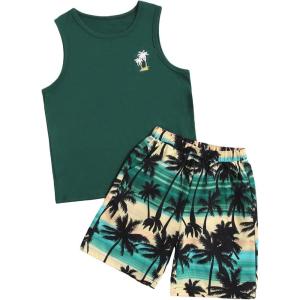 imageFloerns Boys Boho Sleeveless Tank Top Tropical Print Shorts Set 2 Piece OutfitGreen
