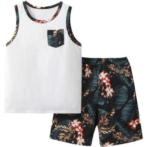imageFloerns Boys Boho Sleeveless Tank Top Tropical Print Shorts Set 2 Piece OutfitWhite and Black