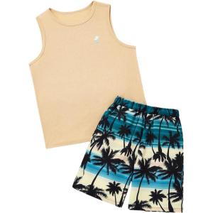 imageFloerns Boys Boho Sleeveless Tank Top Tropical Print Shorts Set 2 Piece OutfitWhite and Green
