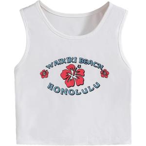 imageFloerns Girls Graphic Print Sleeveless Round Neck Slim Fit Crop Tank TopWhite