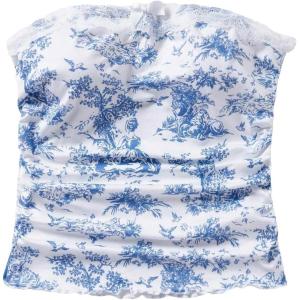imageFloerns Womens Allover Print Lace Trim Bowknot Strapless Bandeau Ruched Crop Tube TopBlue and White