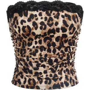 imageFloerns Womens Allover Print Lace Trim Bowknot Strapless Bandeau Ruched Crop Tube TopBrown Cheetah