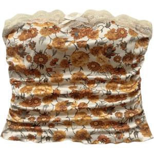 imageFloerns Womens Allover Print Lace Trim Bowknot Strapless Bandeau Ruched Crop Tube TopOrange Flower