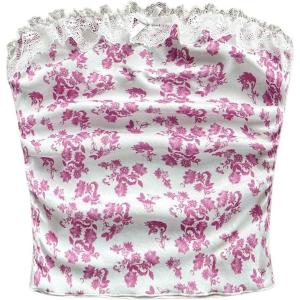 imageFloerns Womens Allover Print Lace Trim Bowknot Strapless Bandeau Ruched Crop Tube TopPink Flower