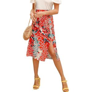 imageFloerns Womens Boho Floral High Waist Split A Line Midi SkirtA Red Disty