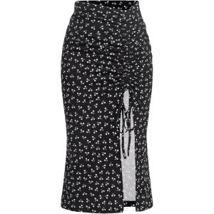 imageFloerns Womens Boho Floral High Waist Split A Line Midi SkirtBlack Ink White