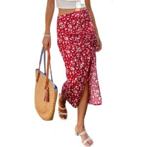 imageFloerns Womens Boho Floral High Waist Split A Line Midi SkirtBurgundy