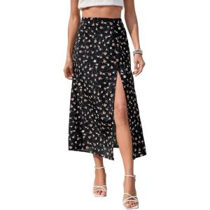 imageFloerns Womens Boho Floral High Waist Split A Line Midi SkirtDark Black Floral