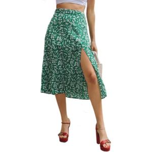 imageFloerns Womens Boho Floral High Waist Split A Line Midi SkirtDisty Green