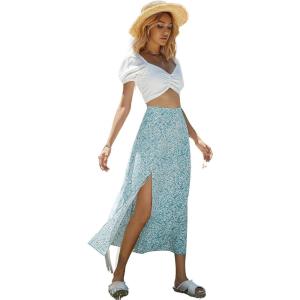 imageFloerns Womens Boho Floral High Waist Split A Line Midi SkirtLight Blue