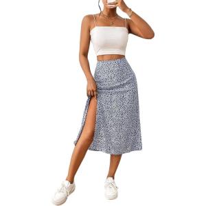 imageFloerns Womens Boho Floral High Waist Split A Line Midi SkirtRoyal Blue White