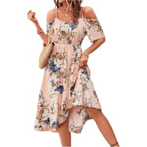 imageFloerns Womens Floral Print Cold Shoulder Short Sleeve Wrap Hem A Line Midi DressApricot