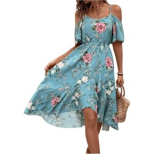 imageFloerns Womens Floral Print Cold Shoulder Short Sleeve Wrap Hem A Line Midi DressGreen