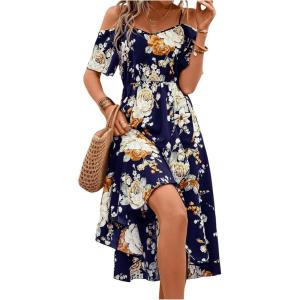 imageFloerns Womens Floral Print Cold Shoulder Short Sleeve Wrap Hem A Line Midi DressNavy Blue