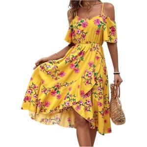 imageFloerns Womens Floral Print Cold Shoulder Short Sleeve Wrap Hem A Line Midi DressYellow