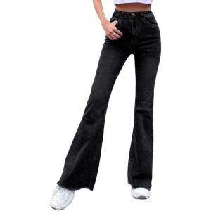 imageFloerns Womens High Waisted Flare Jeans Frayed Raw Hem Bell Bottom Denim PantsBlack