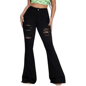 imageFloerns Womens High Waisted Flare Jeans Frayed Raw Hem Bell Bottom Denim PantsBlack Solid