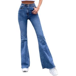 imageFloerns Womens High Waisted Flare Jeans Frayed Raw Hem Bell Bottom Denim PantsDeep Blue