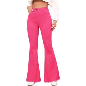 imageFloerns Womens High Waisted Flare Jeans Frayed Raw Hem Bell Bottom Denim PantsHot Pink