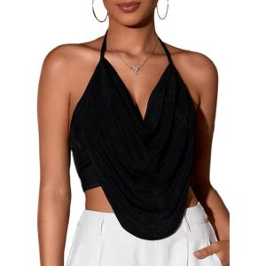 imageFloerns Womens Spaghetti Strap Draped Collar Backless Halter Neck Cami TopBlack