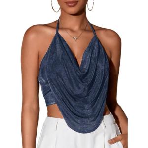 imageFloerns Womens Spaghetti Strap Draped Collar Backless Halter Neck Cami TopBlue