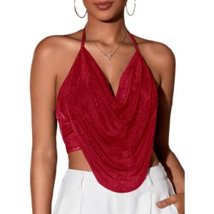 imageFloerns Womens Spaghetti Strap Draped Collar Backless Halter Neck Cami TopBurgundy