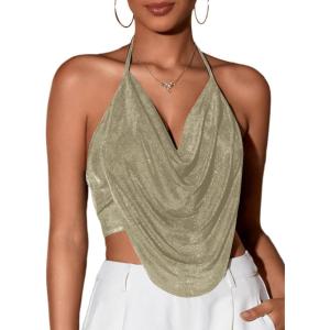 imageFloerns Womens Spaghetti Strap Draped Collar Backless Halter Neck Cami TopKhaki