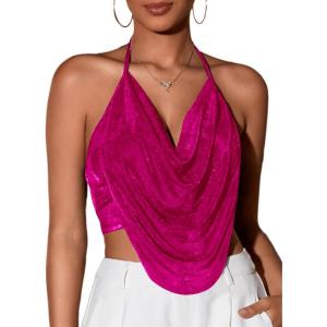imageFloerns Womens Spaghetti Strap Draped Collar Backless Halter Neck Cami TopPink