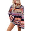 imageFloerns Womens Colorful Sweater Crochet Open Knit Long Sleeve Drop Shoulder Oversized SweaterBlue Multi